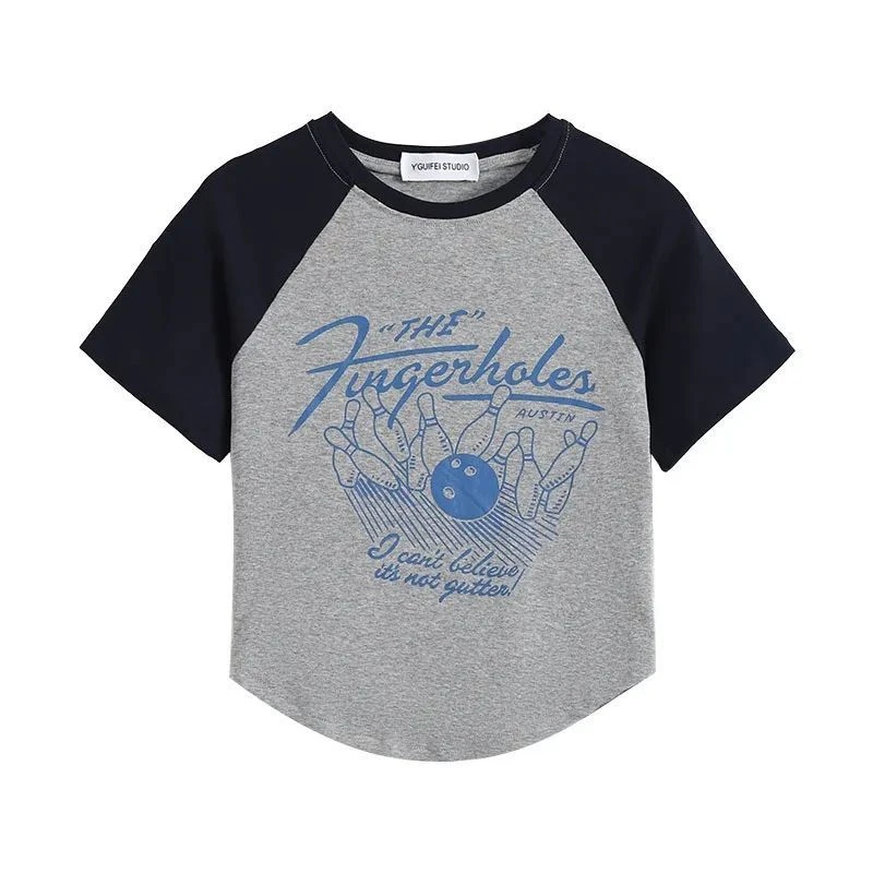 大码女装夏季新款美式辣妹正肩短袖t恤设计感小众胖mm撞色上衣ins