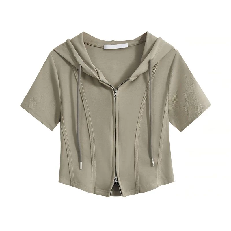 大码女装短袖T恤女夏季新款韩版高腰露脐修身显瘦连帽短款上衣女