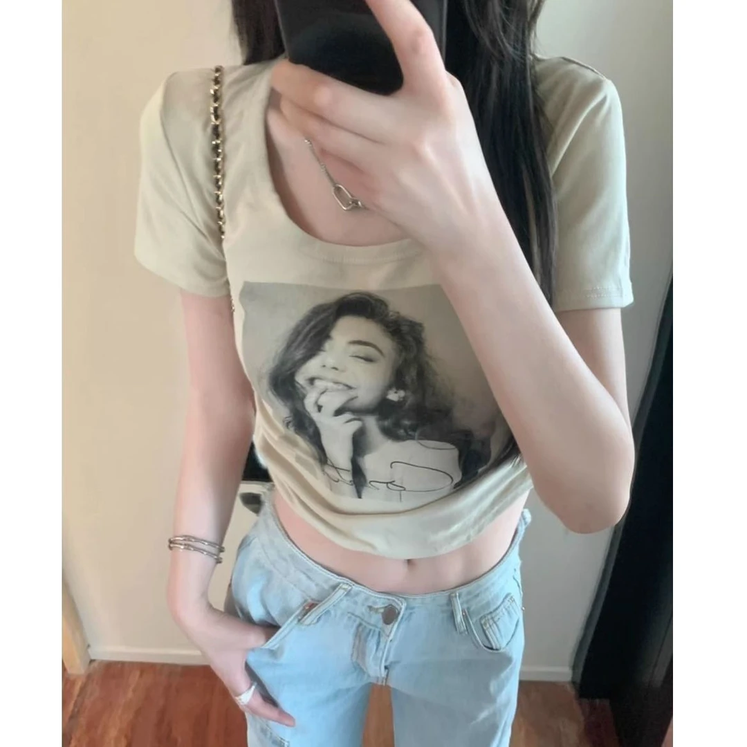 大码女装夏季新款美式辣妹短袖t恤设计感小众胖mm正肩上衣服ins潮