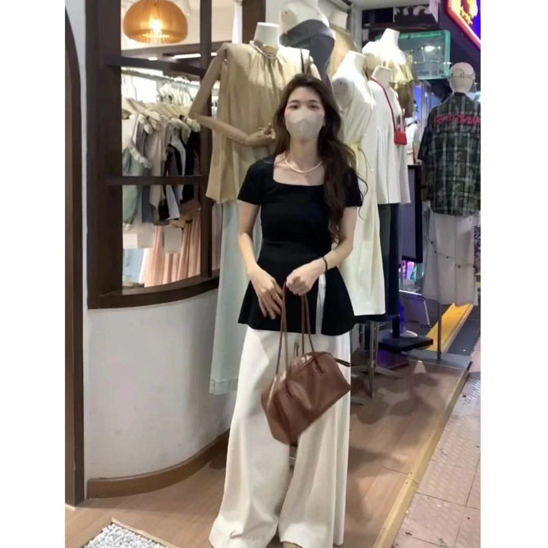 大码女装夏季新款方领开叉短袖t恤设计感小众胖mm正肩上衣服ins潮