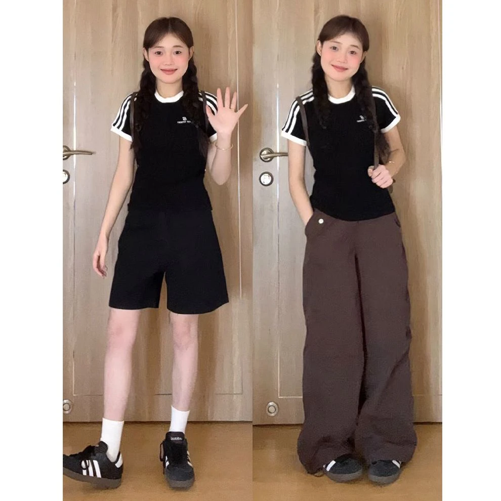 大码女装夏季新款三条杠运动休闲短袖t恤设计感小众别致上衣ins潮