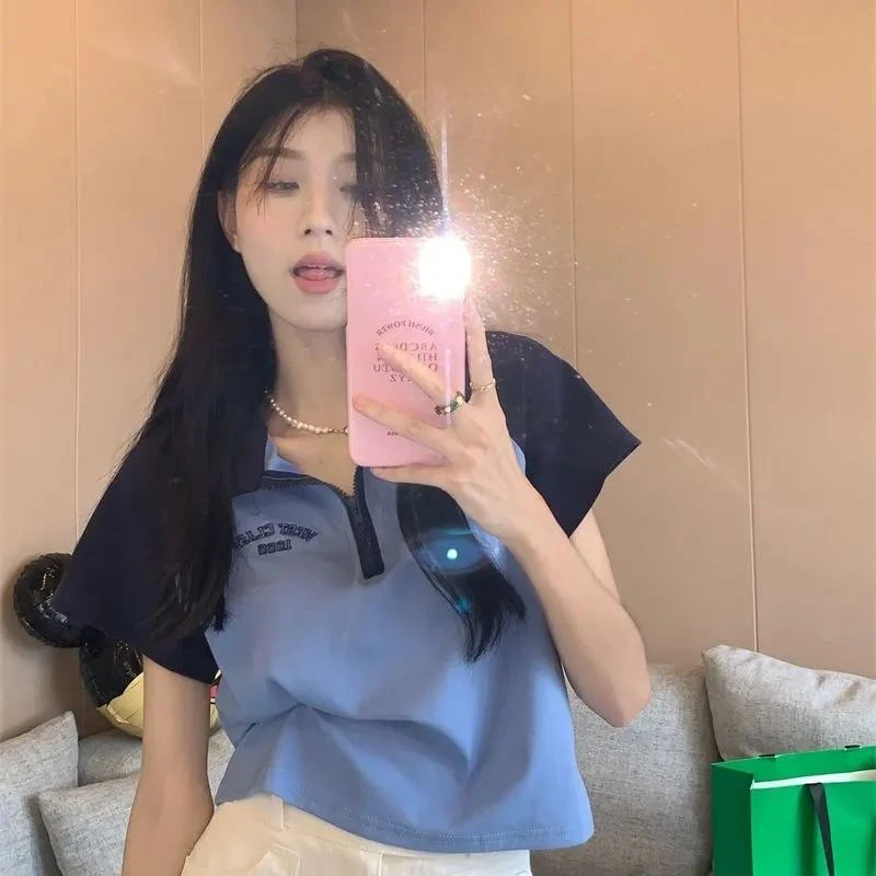 纯棉大码女装短袖t恤韩版新款修身拉链设计短款辣妹显瘦上衣ins女