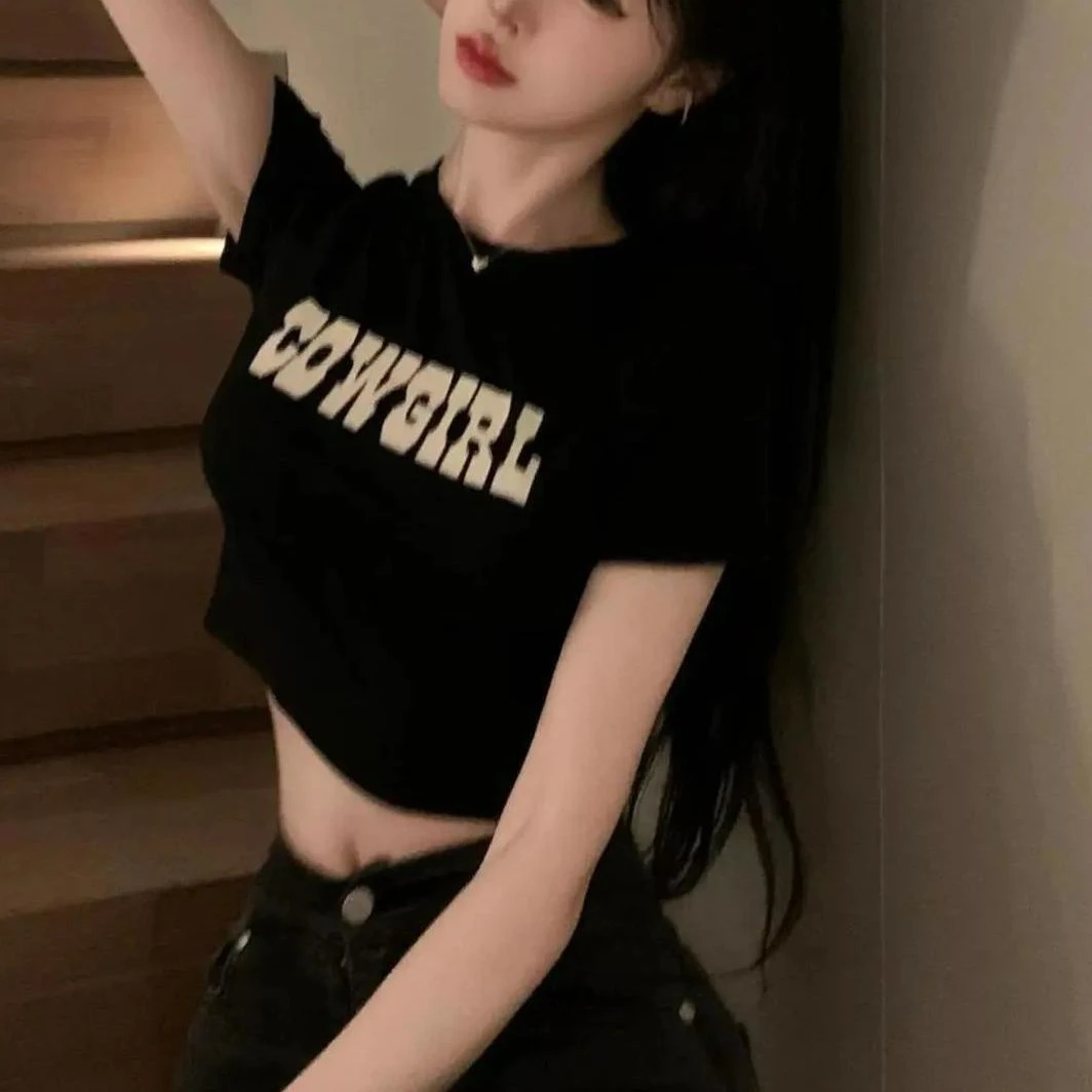 纯棉大码胖mm辣妹短袖T恤夏季2023短款高腰露脐显瘦纯欲短款上衣