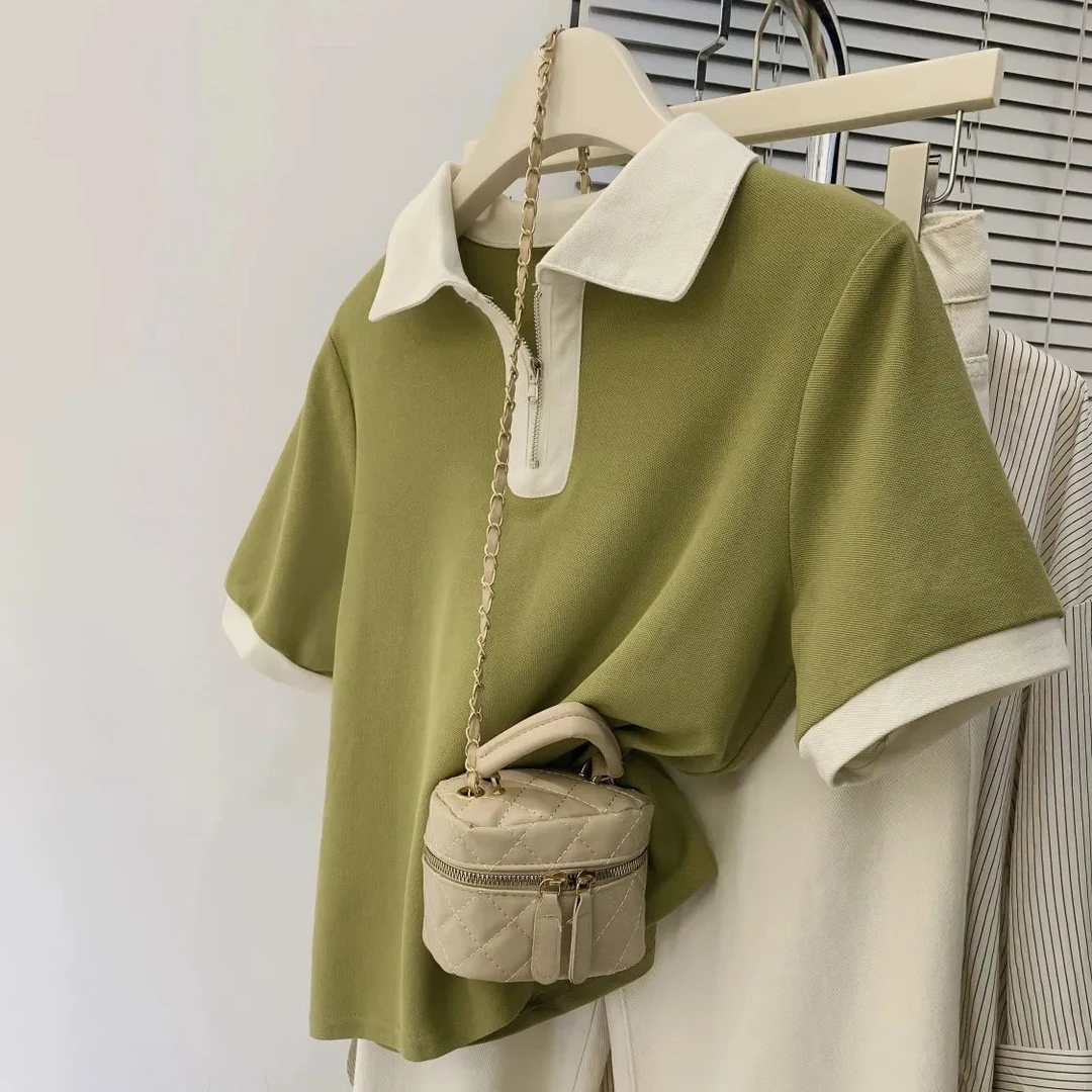 大码女装夏季新款撞色拼接短袖t恤修身显瘦遮肉拉链polo领上衣ins