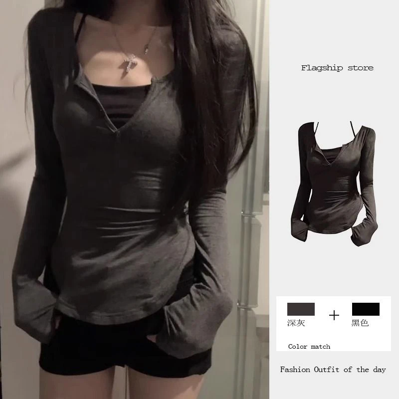 大码女装秋季新款假两件辣妹纯欲风长袖t恤设计感小众修身上衣ins