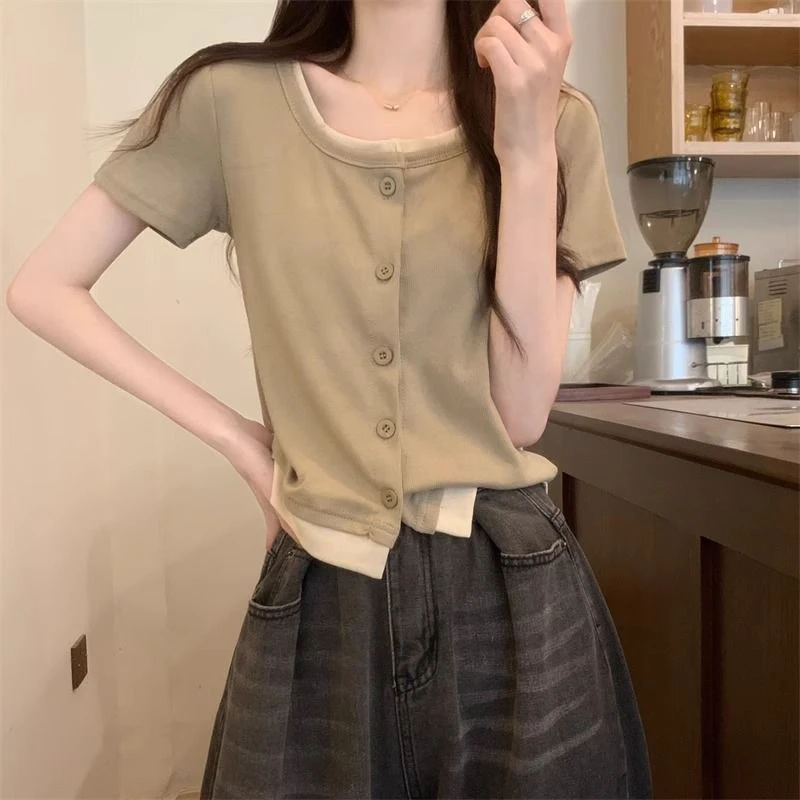 大码女装夏季新款假两件正肩短袖t恤设计感小众短款辣妹上衣ins潮