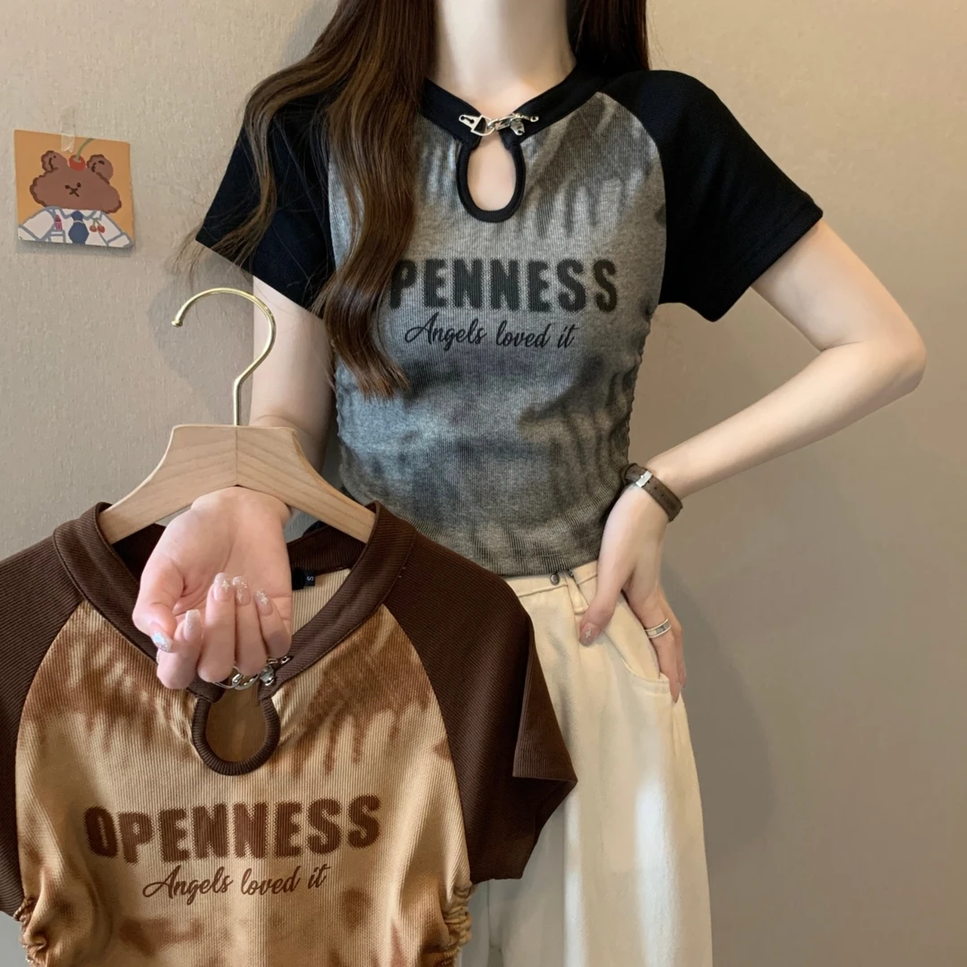 胖妹妹美式复古插肩袖短款t恤女夏季宽松大码200斤设计感短袖上衣