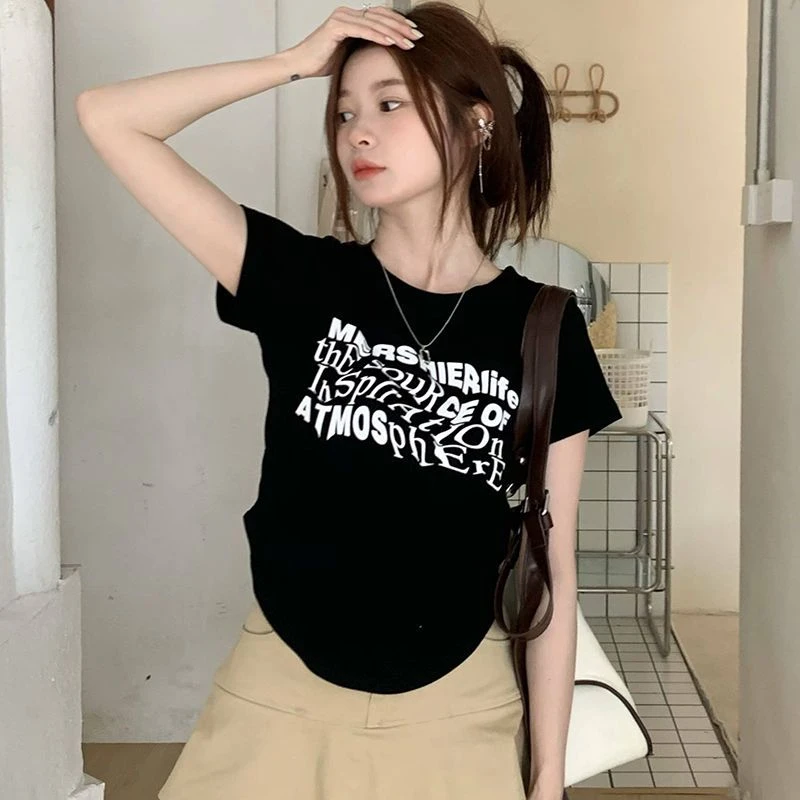 新款大码女装不规则纯棉印花t恤女夏季胖mm修身显瘦遮肚短款上衣