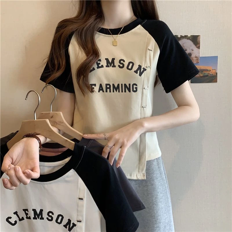 纯棉大码女装胖MM短袖T恤夏季新款时尚斜扣不规则设计感小众上衣