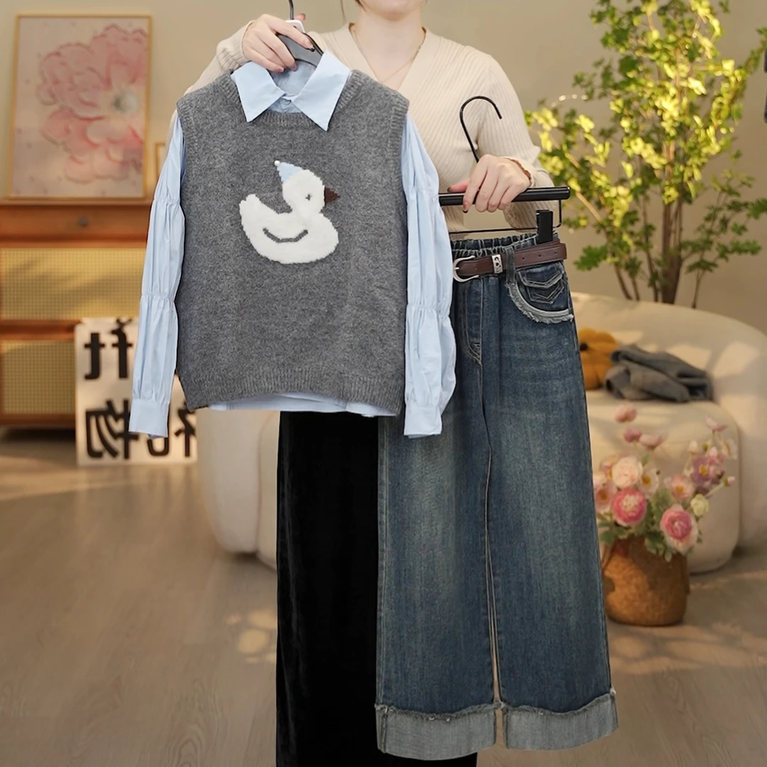 【涵妈推荐】女童春秋套装韩版中大童针织马甲花边衬衫阔腿裤三件套