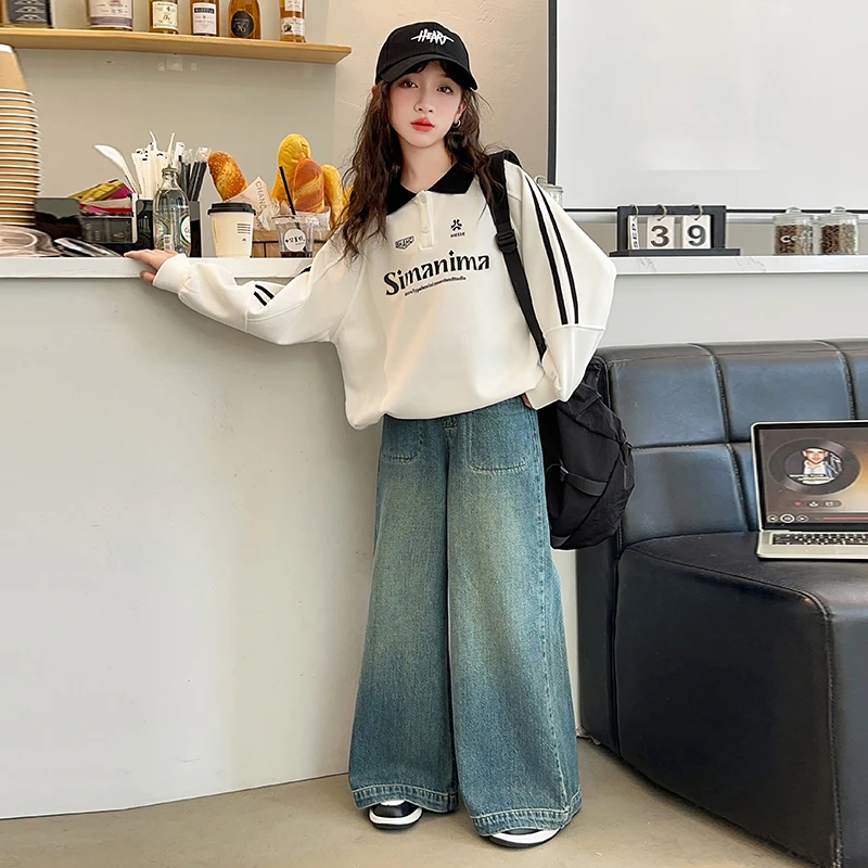 【涵妈推荐】女童春秋套装中大童Polo领字母印花上衣牛仔裤两件套秋