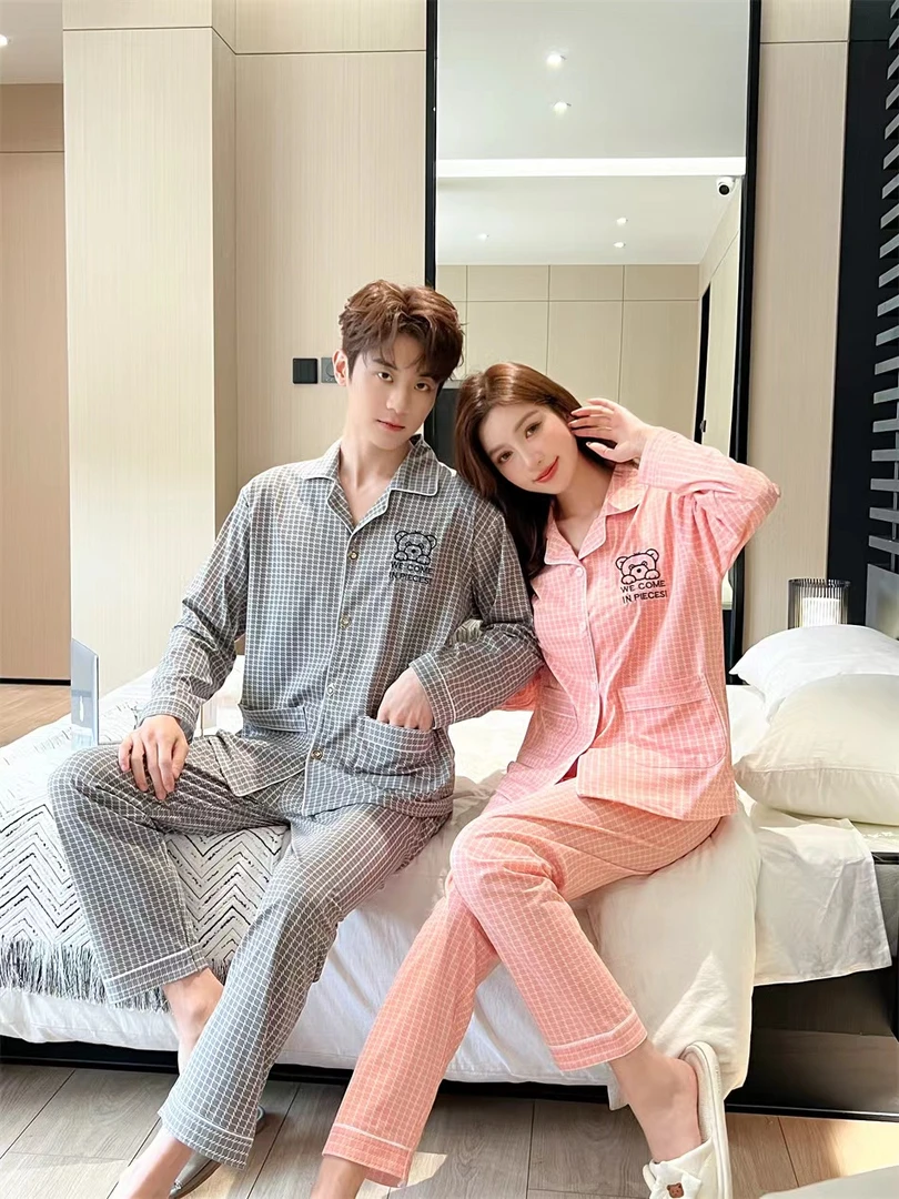 睡衣长袖夏季薄款家居服男士女士春夏休闲宽松居家格子睡衣女套装