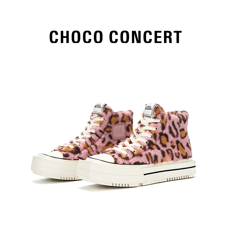 CHOCO CONCERT丨圆方不对称高帮鞋女冬季豹纹粉帆布鞋