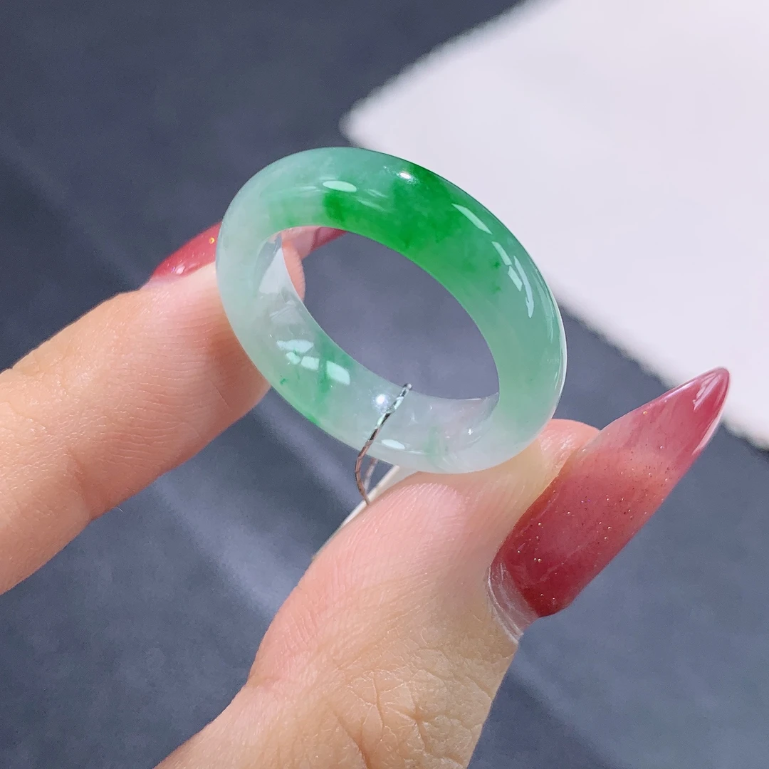 纯天然缅甸翡翠A货 15-16圈口 冰种飘阳绿翡翠指环戒圈