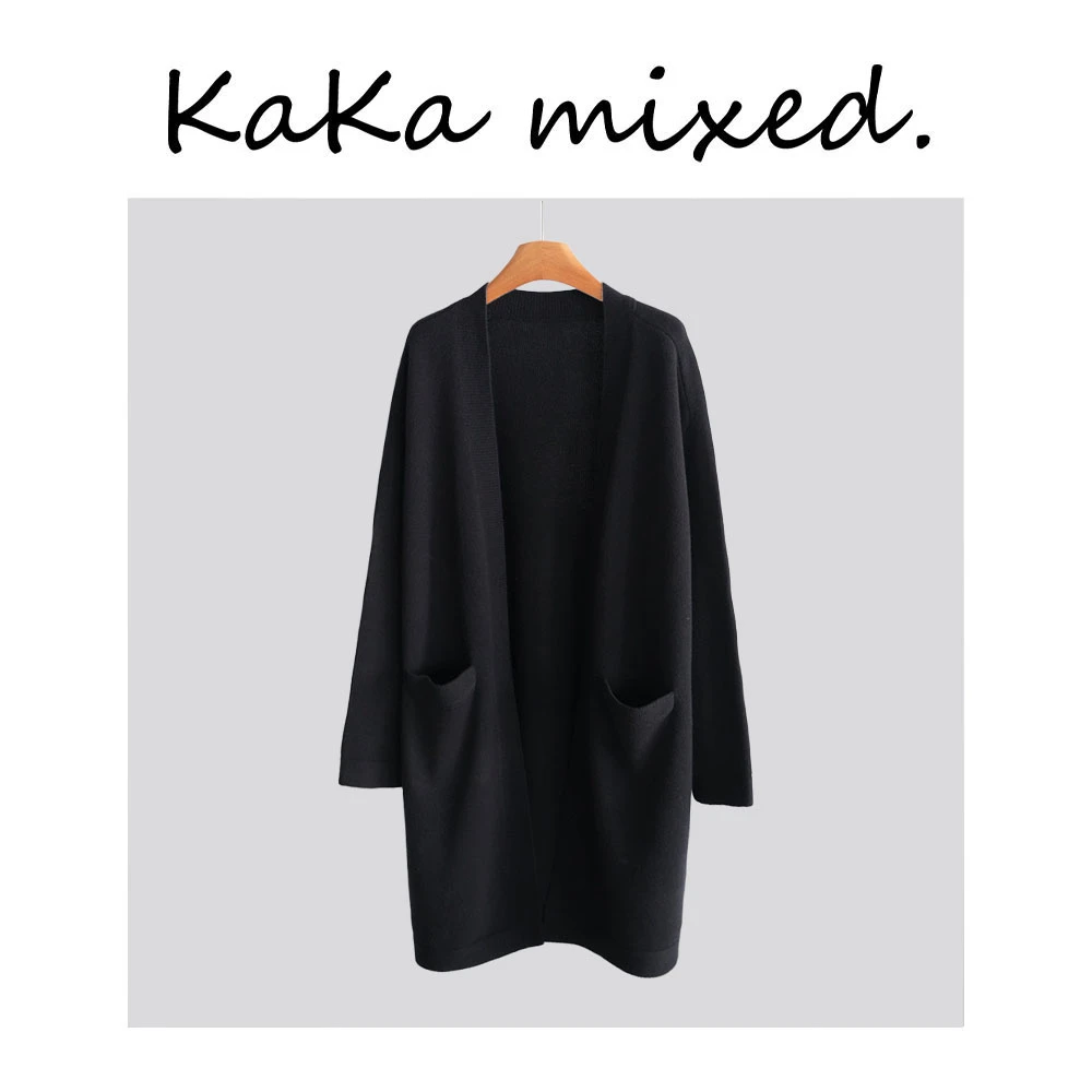 长款黑色羊毛羊绒针织外套