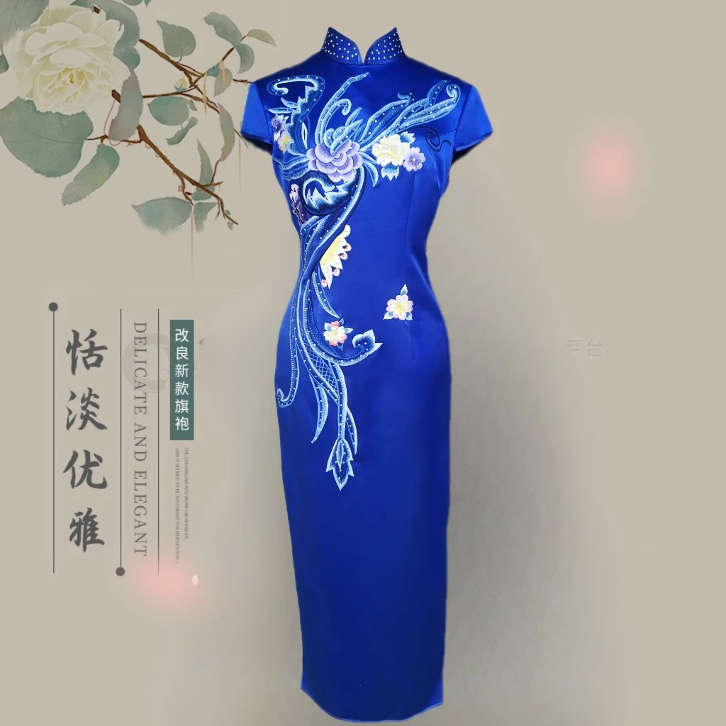 手工旗袍268568精美凤尾花刺绣高端桑蚕丝手工滚边修身改良款旗袍