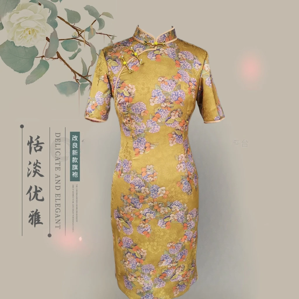 手工旗袍156919气质修身木兰花手工滚边蜻蜓扣改良款旗袍