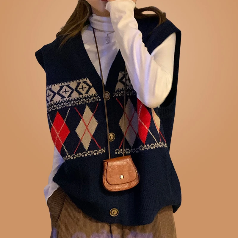 v领复古气质菱格针织衫开衫背心马甲上衣外套女宽松时尚叠穿马夹