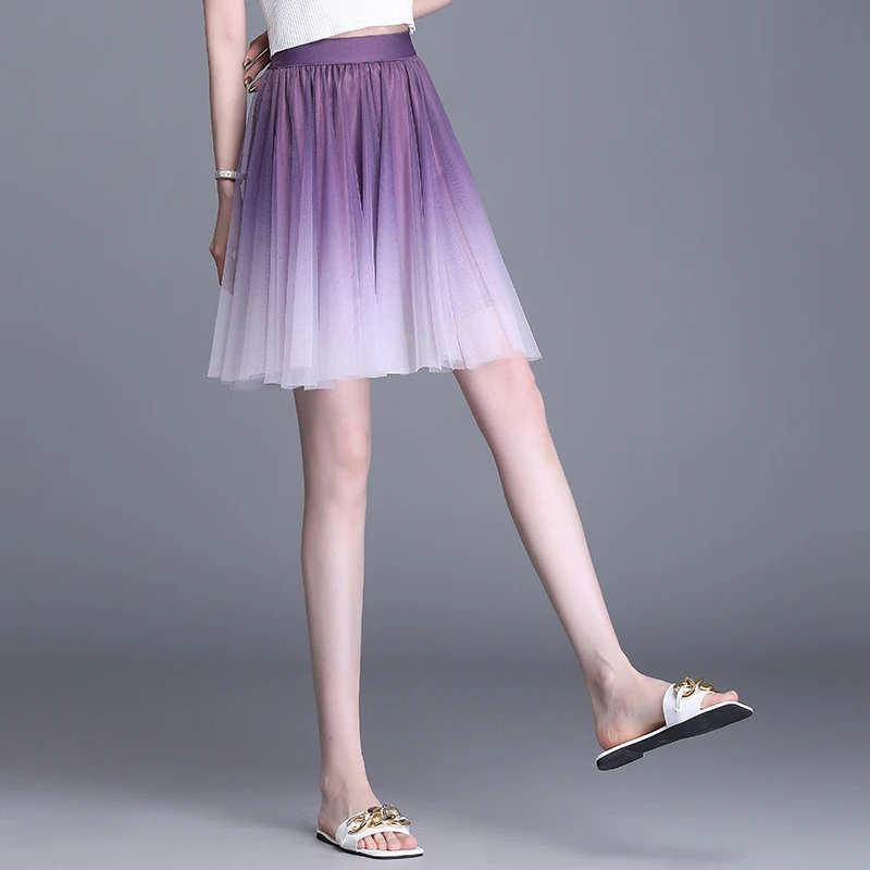 网纱百褶裙短裙女半身裙夏高腰松紧腰A字裙蓬蓬裙渐变裙子夏