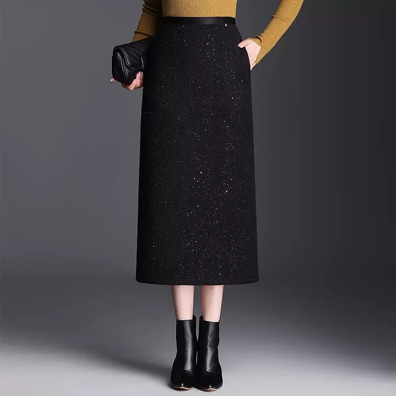 亮片毛呢一步裙半身裙女秋冬新款高腰显瘦中长款直筒包臀裙子