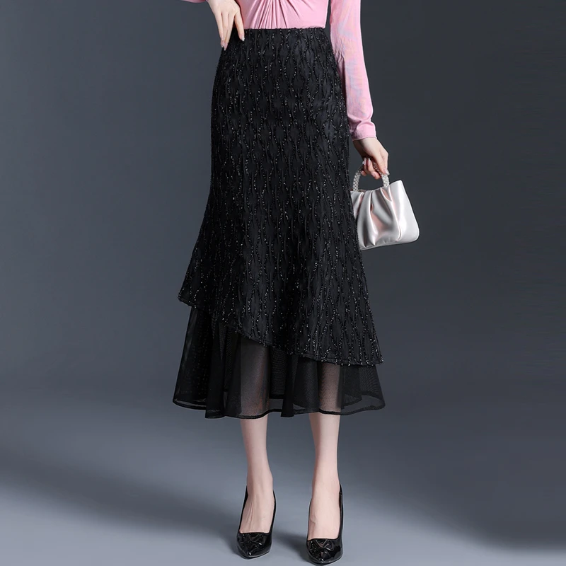 气质小香风拼接鱼尾裙女春季2024新款高腰修身包臀半身裙中长裙子