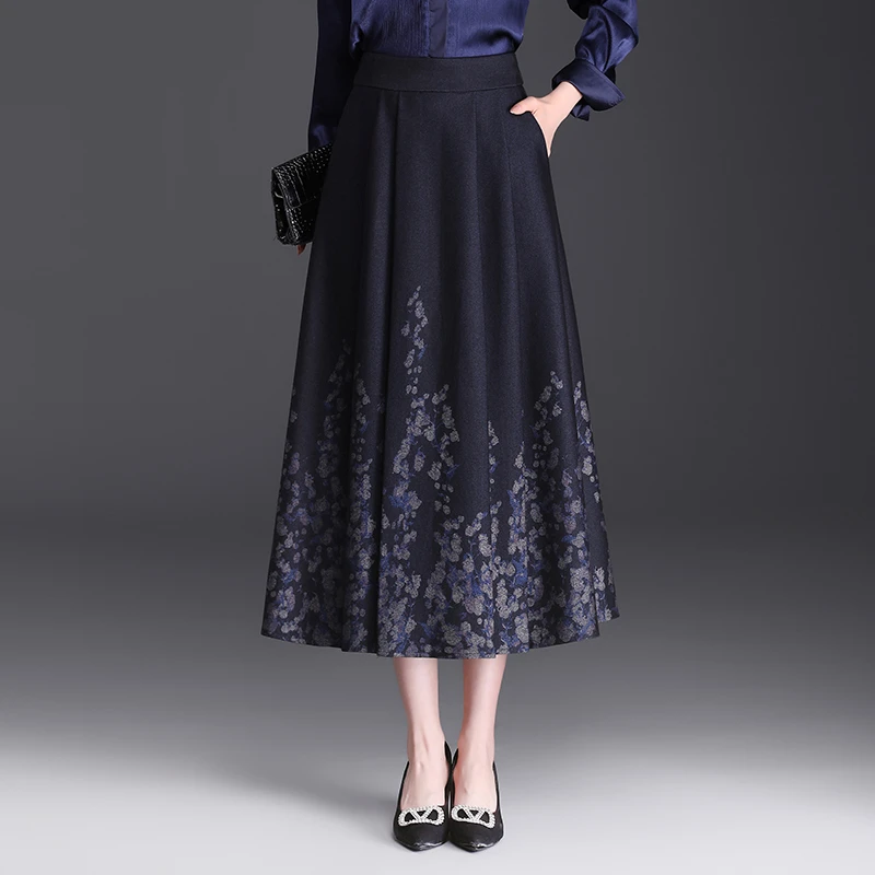 气质印花半身裙女春秋2025新款高腰显瘦a字裙垂感复古百褶中长裙