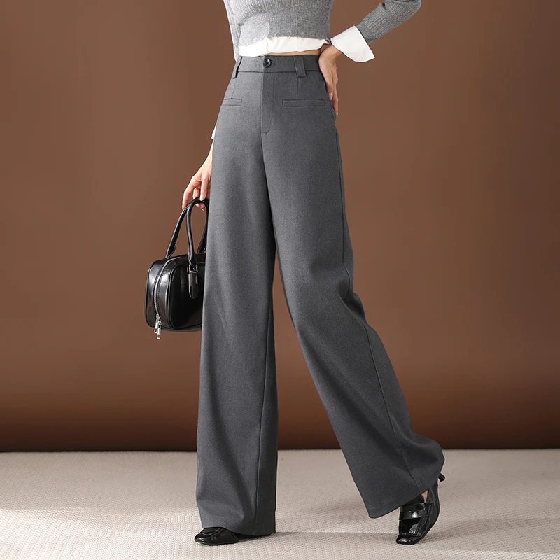 灰色裤子女款爆款新款窄版西裤垂感高级西装裤秋冬毛呢加长阔腿裤
