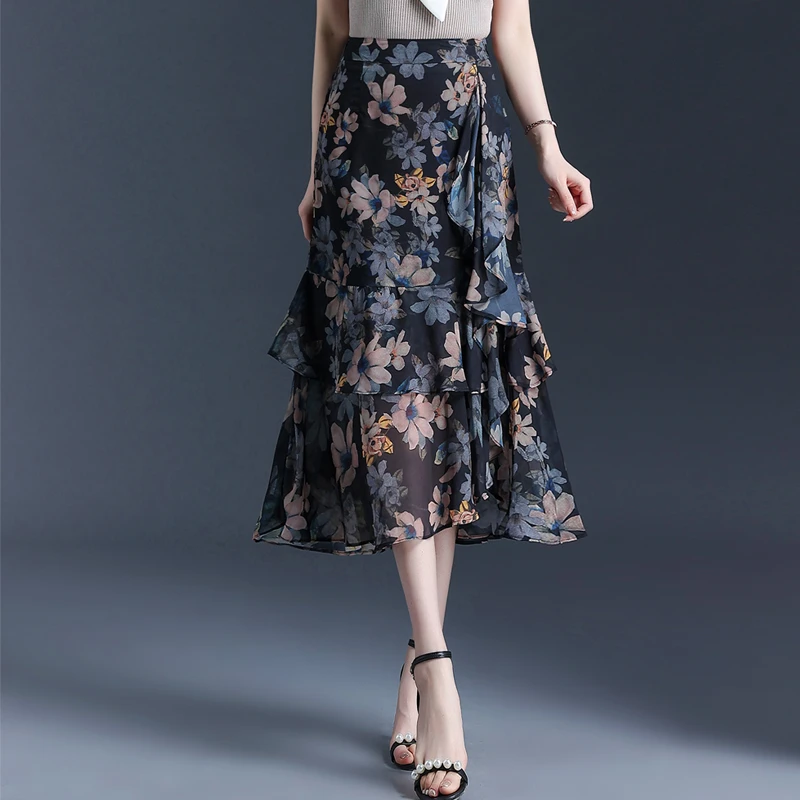 气质荷叶边印花鱼尾裙女春夏新款高腰显瘦包臀半身裙中长裙子