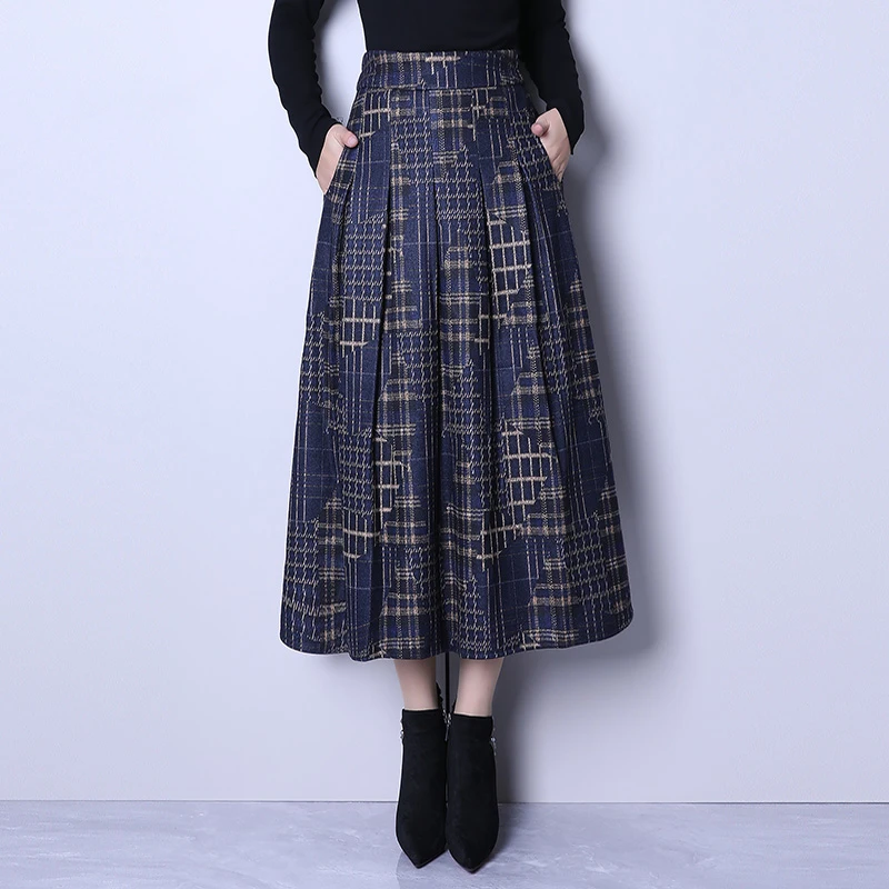 格纹毛呢裙百褶裙女秋冬新款高腰a字半身裙显瘦复古中长裙子