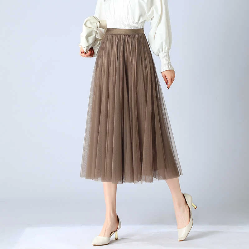 两面穿网纱裙女2025秋季新款洋气减龄显瘦a字半身裙中长款百褶裙