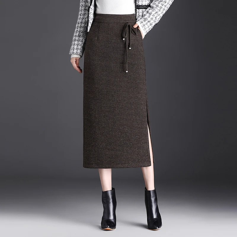2024秋冬新款毛呢包臀半身裙女中长款高腰显瘦开叉一步裙直筒裙子