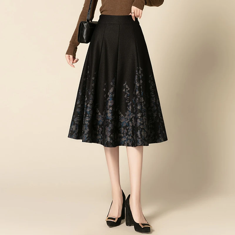 印花毛呢半身裙女秋冬2024新款复古气质a字裙中长款通勤显瘦伞裙