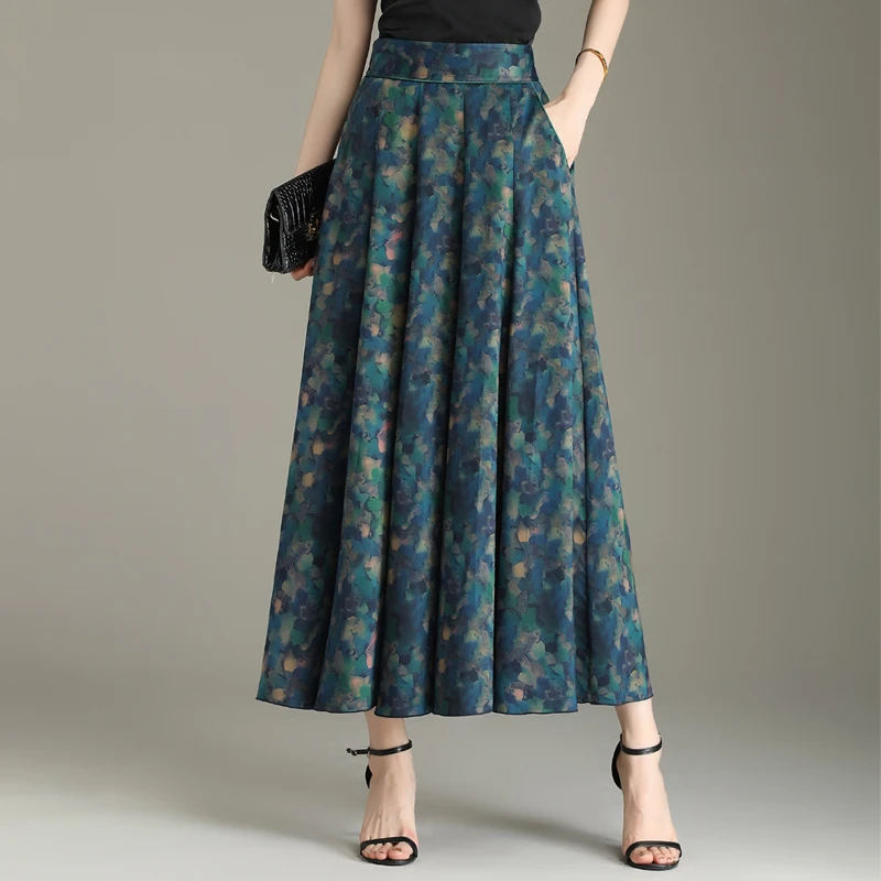 碎花长裙半身裙女夏季新款高腰垂感百褶a字裙气质复古大摆裙