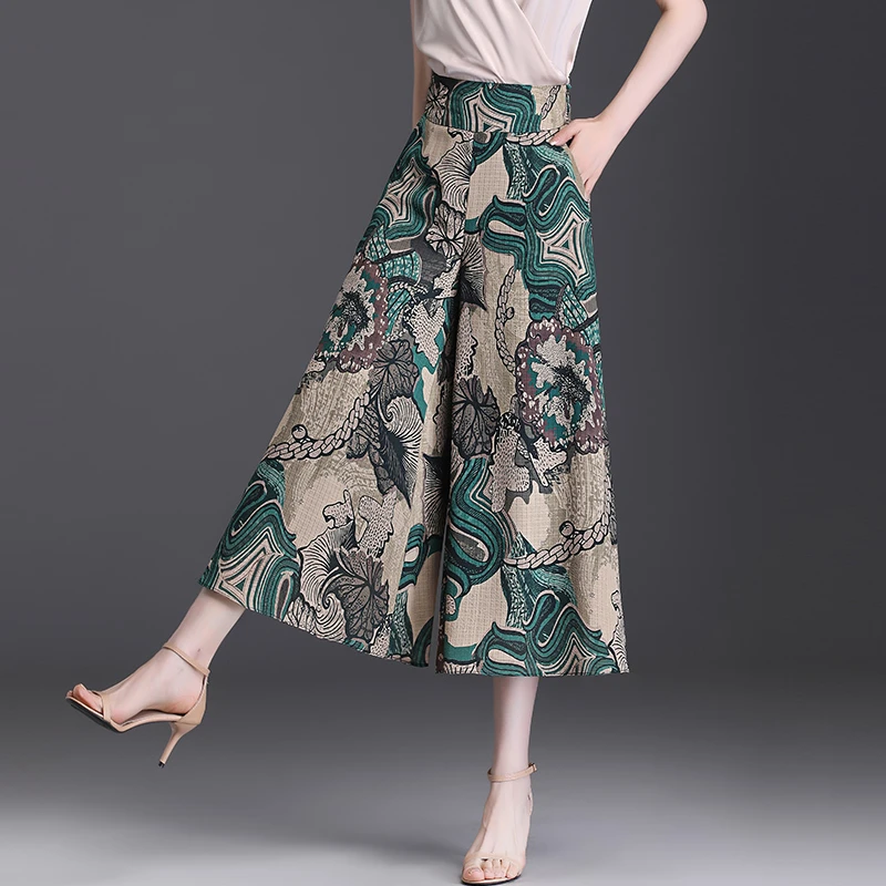 中老年宽松印花裙裤休闲裤夏季新款高腰大码阔腿裤九分裤甩裤
