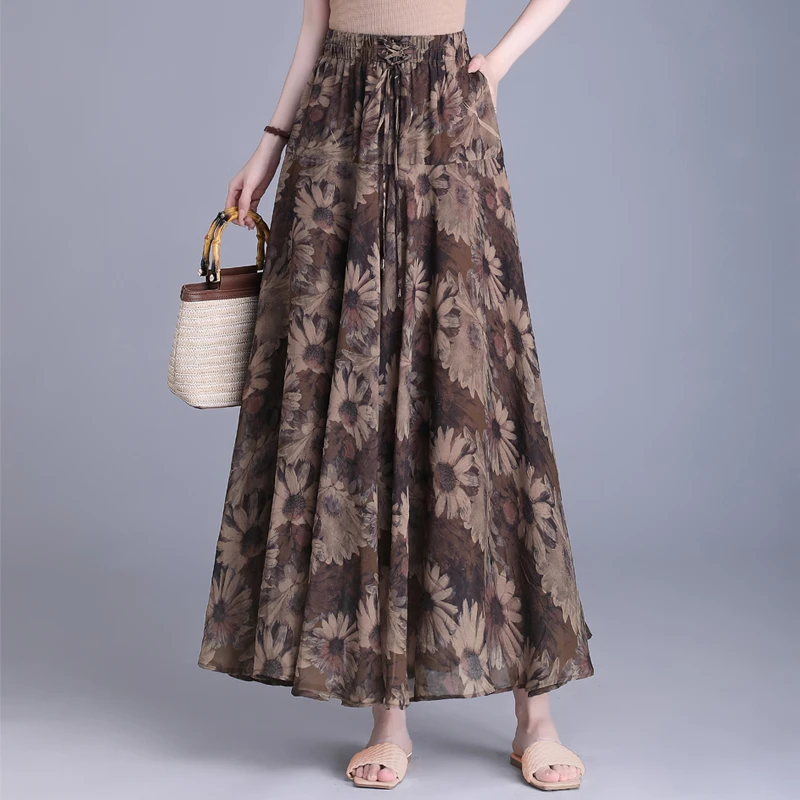 长裙半身裙女夏季新款高腰垂感印花a字裙气质大摆度假裙子薄