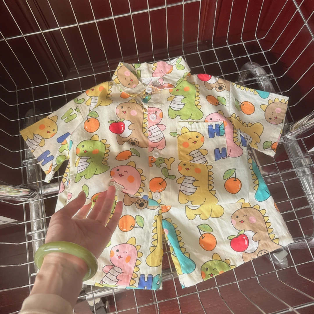 男童洋气衬衫短袖套装宝宝恐龙衣服儿童帅气衬衣夏装两件套新款潮