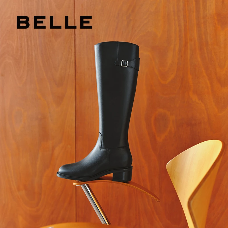 百丽质感骑士靴女冬商场同款真皮利落黑色高筒靴3KV71DG4