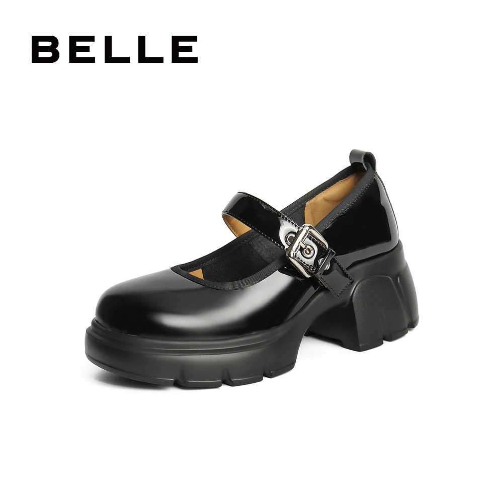 百丽复古玛丽珍鞋女新真皮粗跟增高JK单鞋B2075CQ4