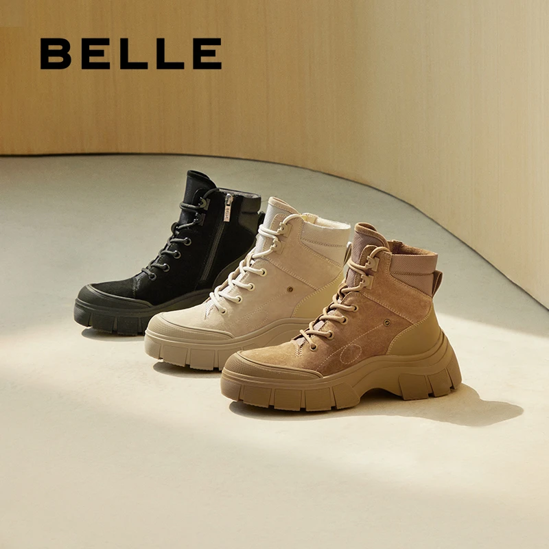 百丽增高厚底工装靴女冬新商场同款真皮户外徒步短靴B8S1DDD4
