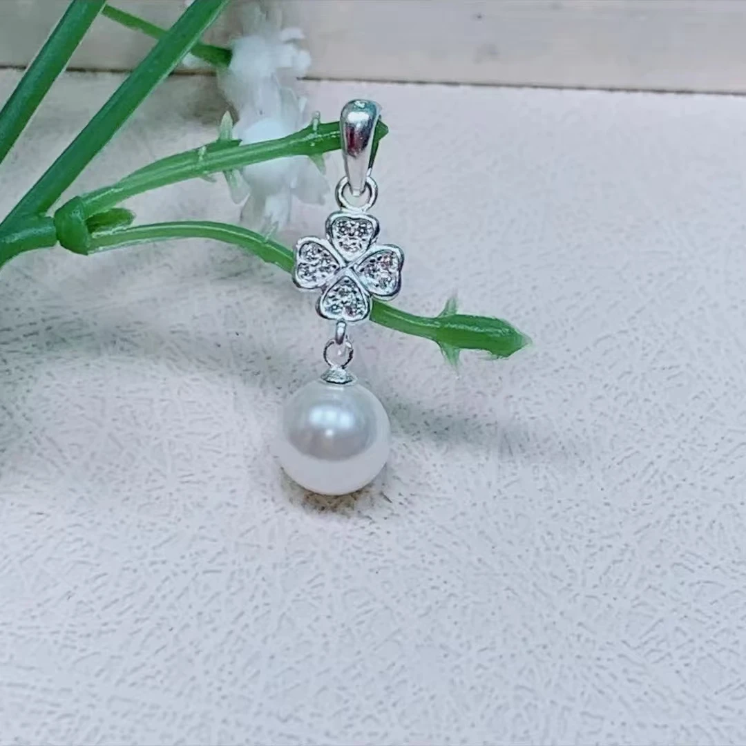 吊坠足银仿珍珠 【幸运草带白珠吊坠】珠珠直径约7mm