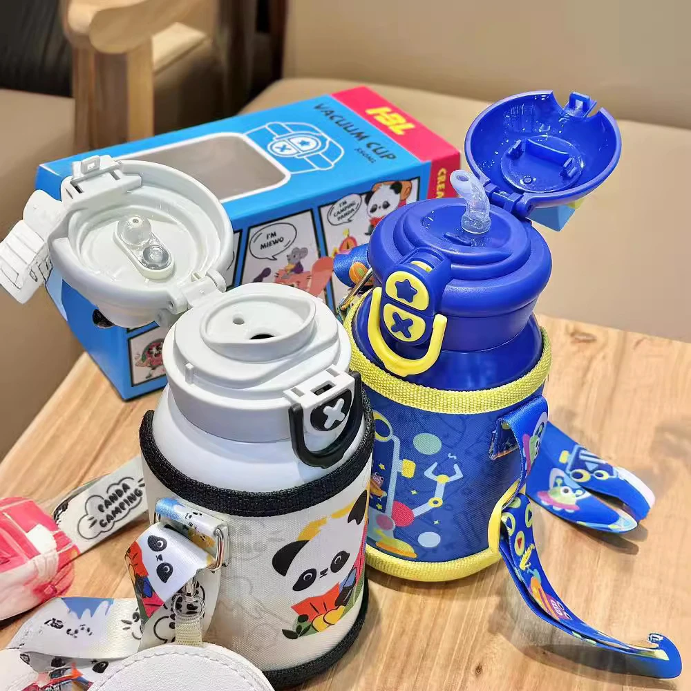 316不锈钢杯子带提绳双饮盖卡通可爱水杯新出爆款防摔儿童保温杯