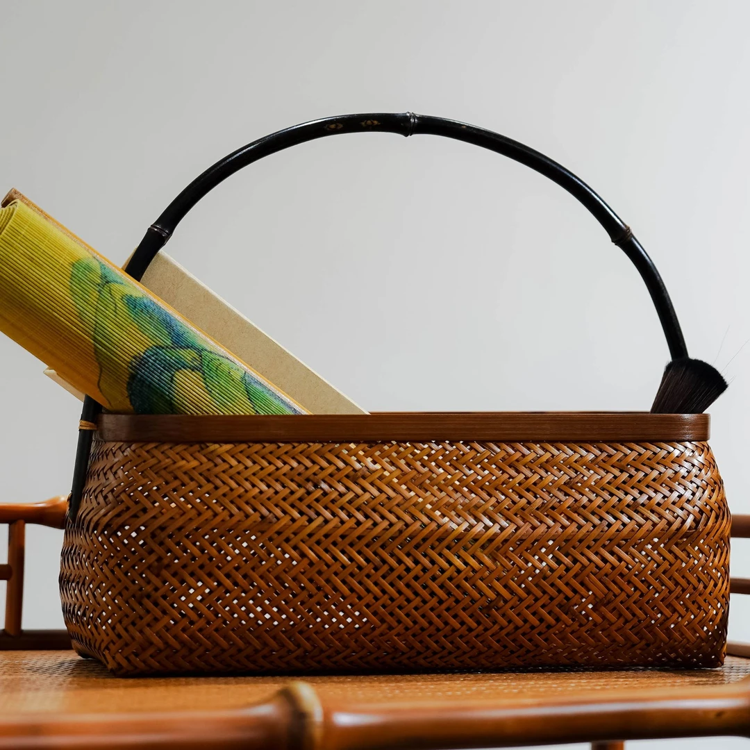 紫竹柄青禾竹编大漆提篮竹编水果篮竹编大漆手提篮桌面茶具收纳筐