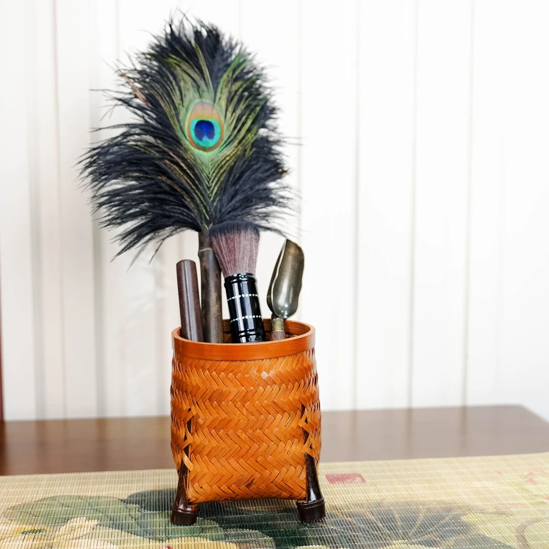 紫竹根孔雀羽毛拂尘茶道筒茶具收纳筒茶桌装饰品个性日式