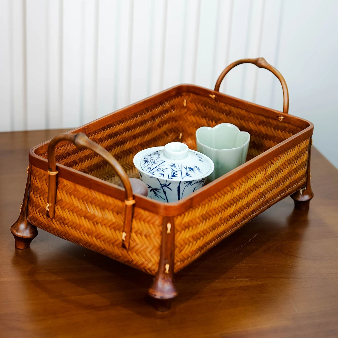 手工竹编长方形手提筐家用水果点心茶道茶具收纳筐