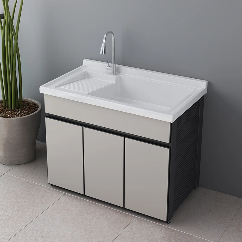 简约阳台太空铝防潮大容量搓衣板全柜体防水定制洗衣机柜一体盆