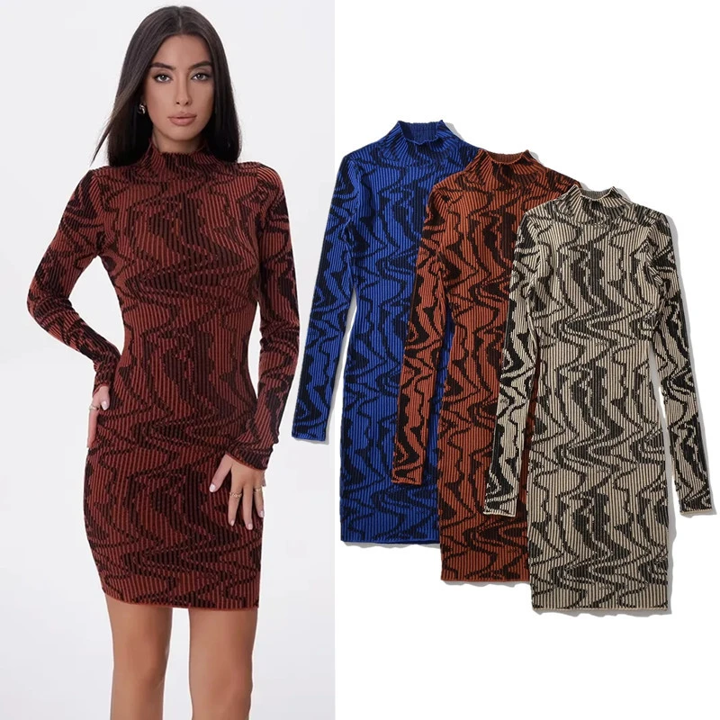 欧美纯欲高领提花性感紧身包臀裙女短裙秋冬打底针织连衣裙秋冬季