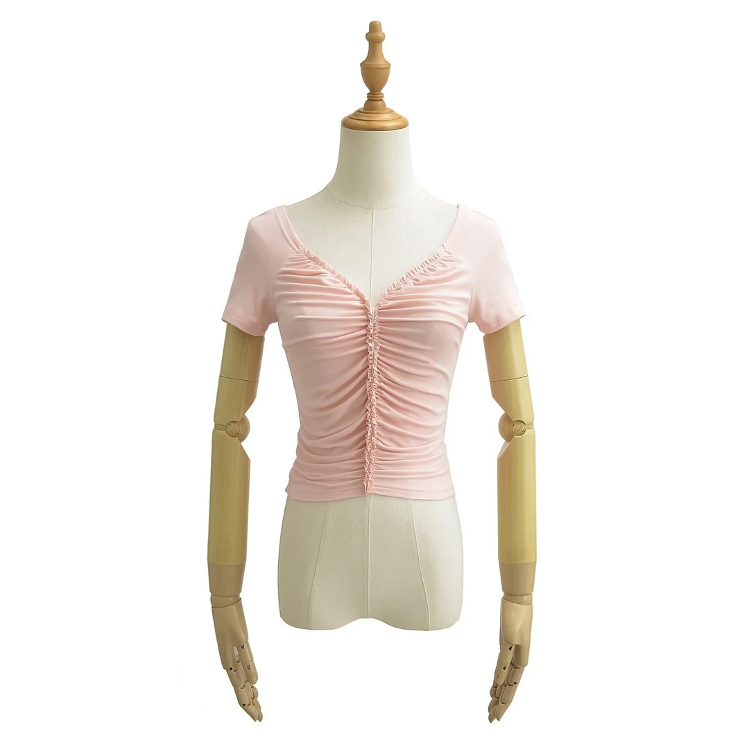 韩系辣妹风性感纯欲大V领胸前木耳边短袖T恤女别致上衣2024春夏季