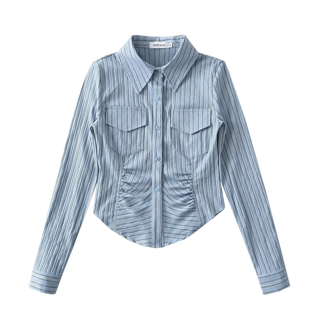 美式纯欲风翻领条纹拼接短款褶皱修身长袖衬衫女上衣2025秋季女装