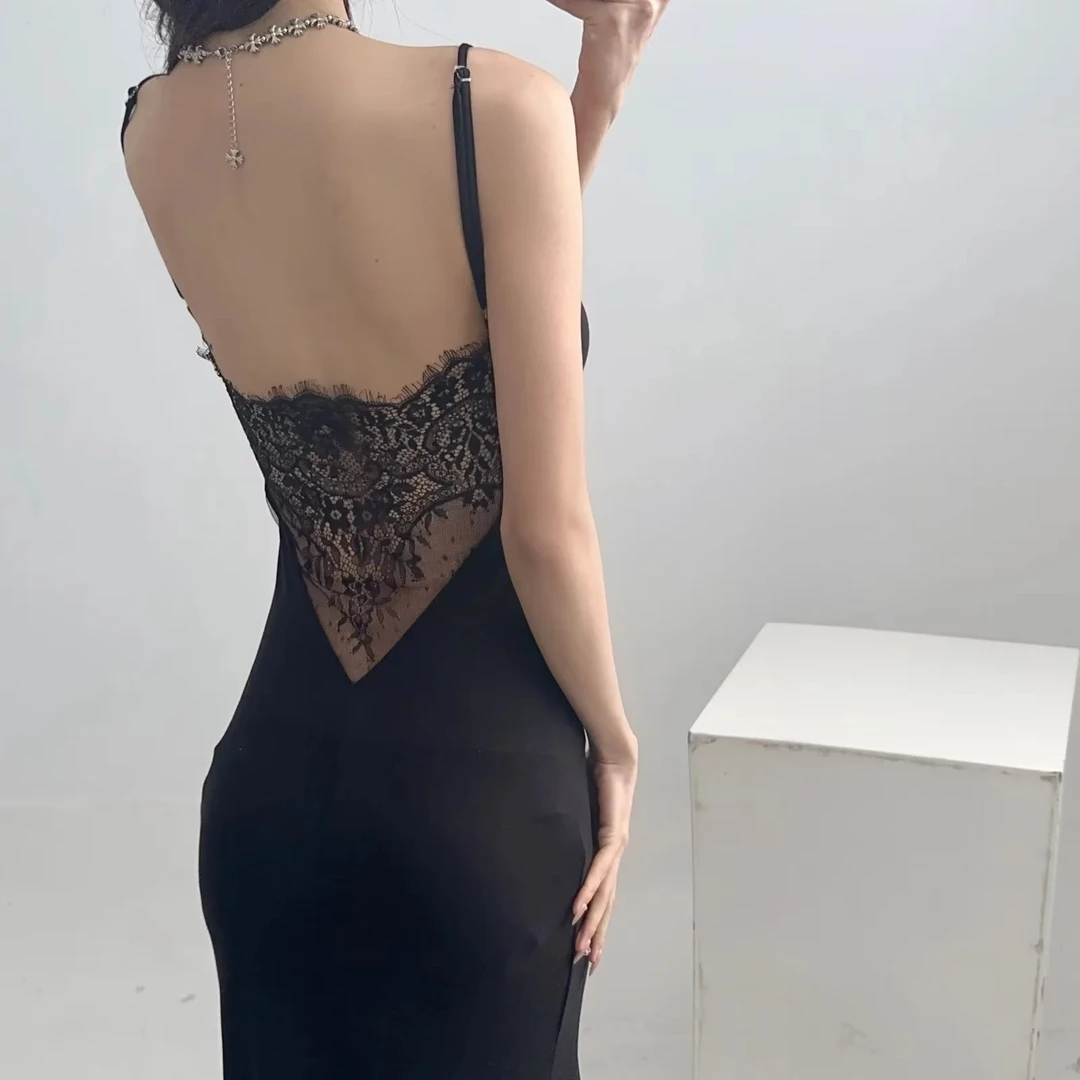 美式辣妹性感大露背蕾丝拼接吊带裙女方领美背开叉连衣裙2024春夏