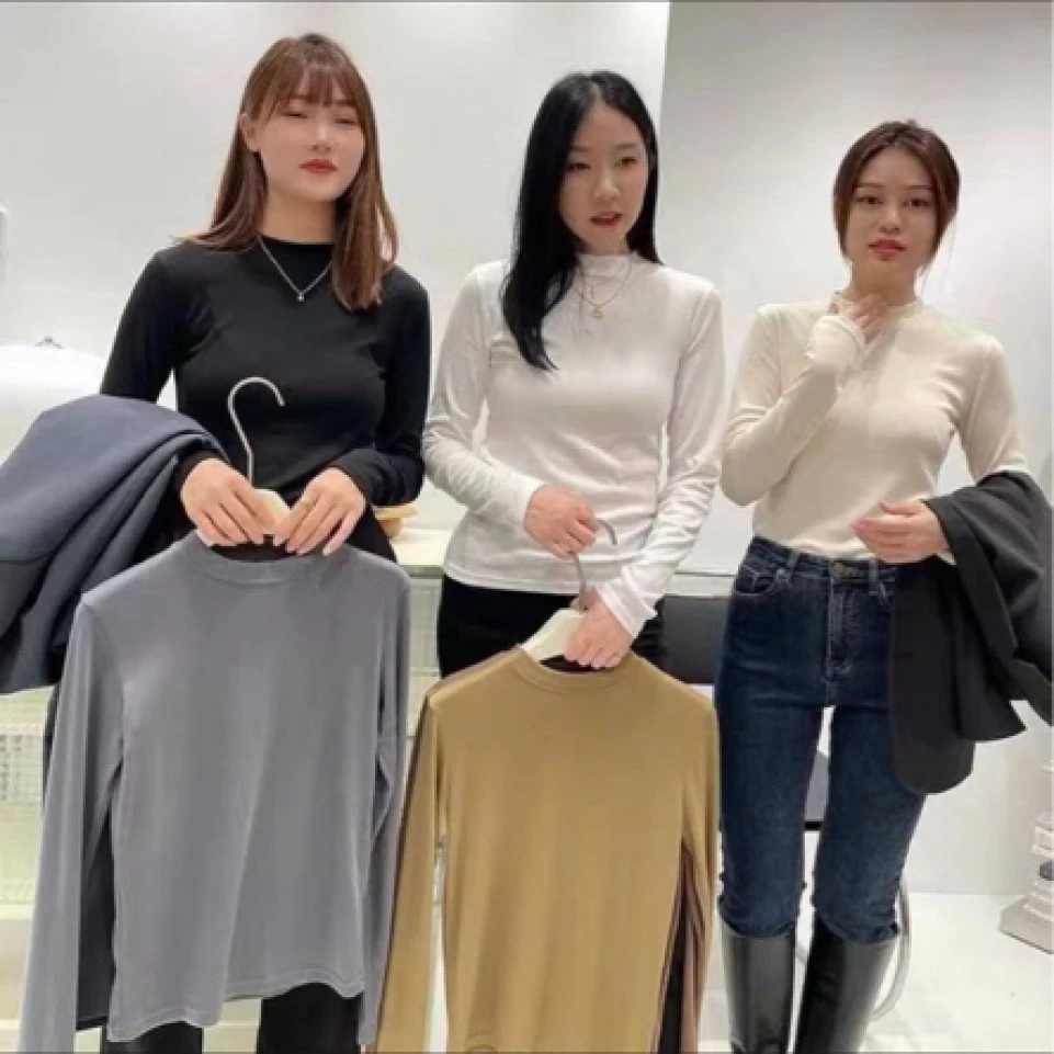 widleia经典百搭纯色长袖小立领气质打底衫9585